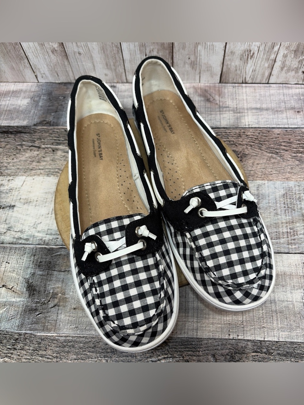 St. John's Bay Plymouth Women’s Gingham Boat Shoes Black White Plaid Size 7.5 M
